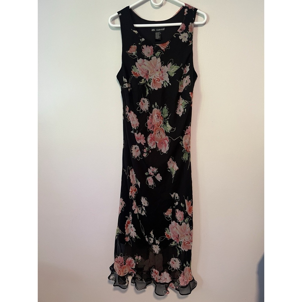 Mlle Gabrielle Floral Midi Dress Black Pink Round Neck Y2K Sz 14W Ruffle Lined